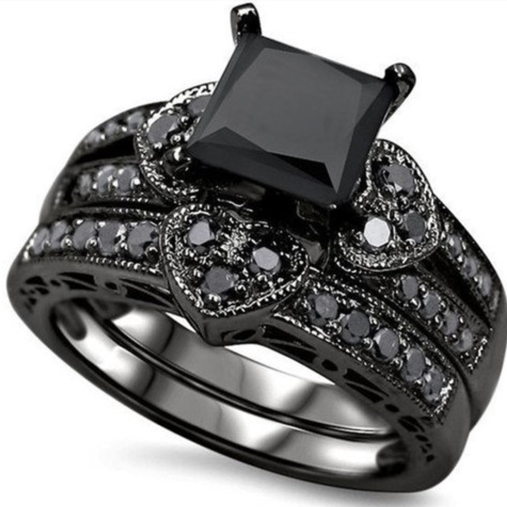 2pc Black CZ Heart Ring